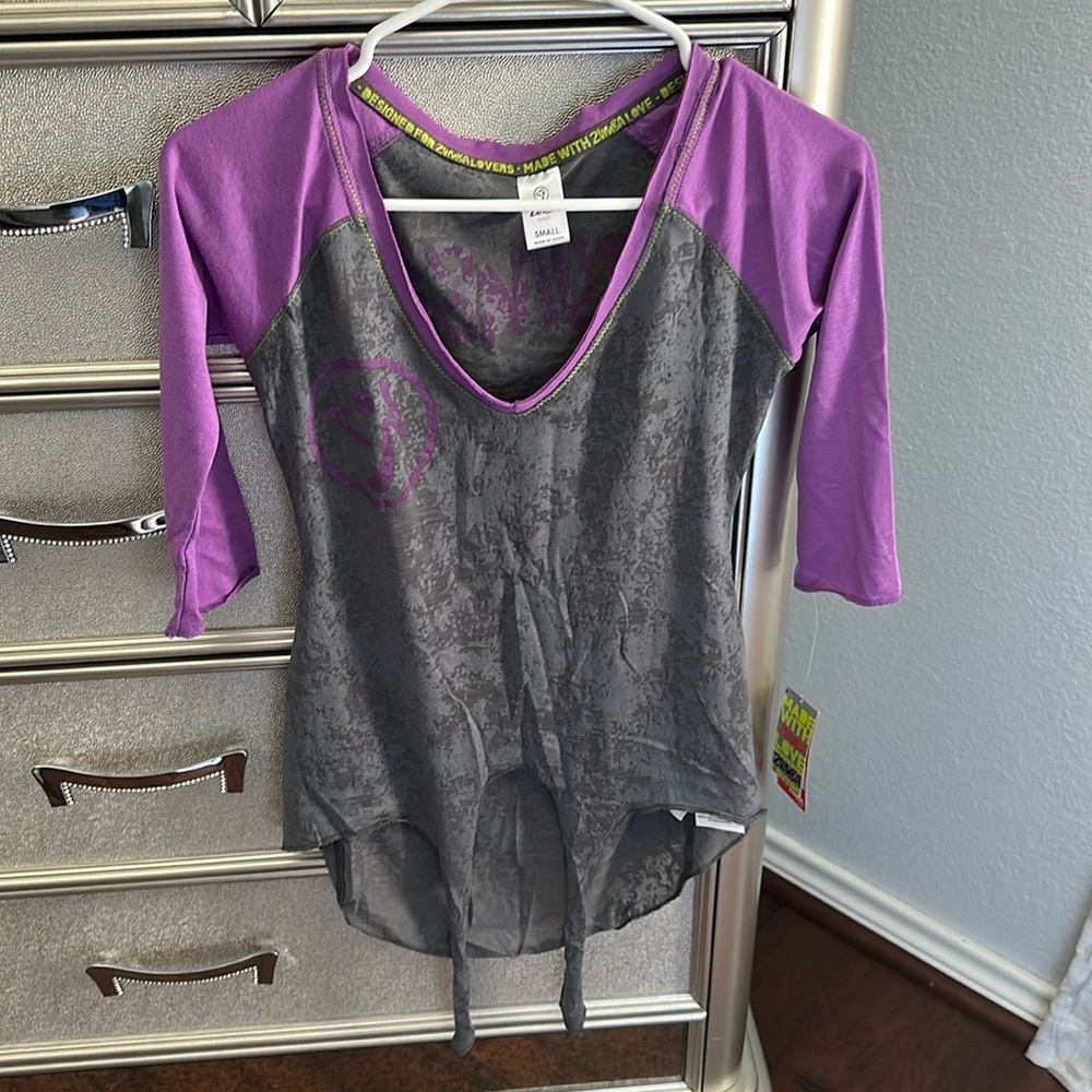 Size small Zumba lavender purple and gray front-tie baseball tee